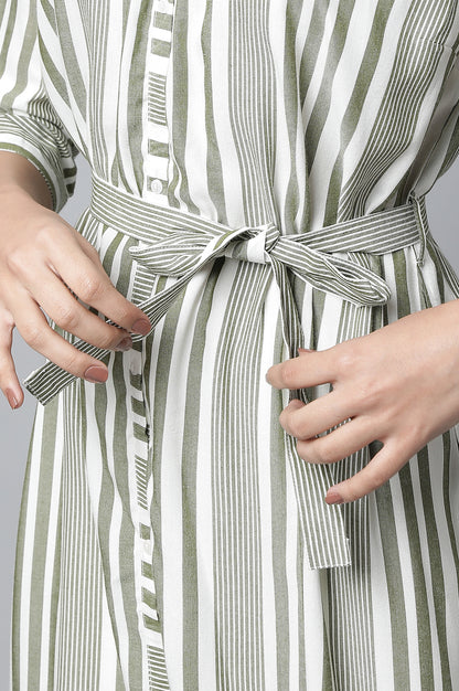 Olive Green Stripe Dress with Tights Set