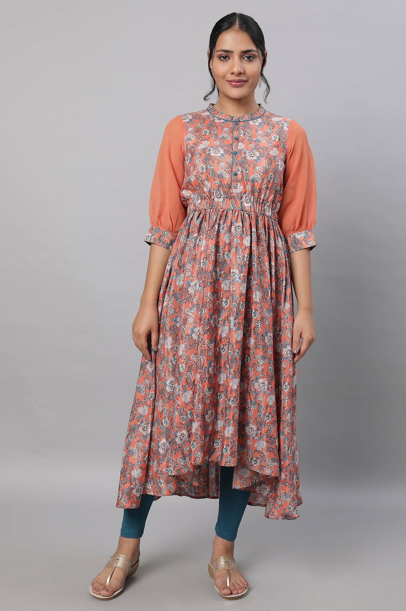 Peach Floral Printed Flared Dress &amp; Tights Set