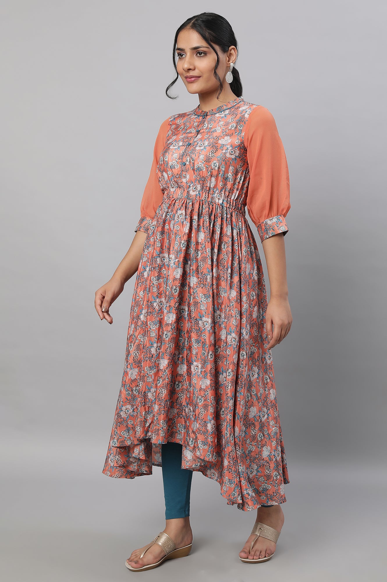 Peach Floral Printed Flared Dress &amp; Tights Set