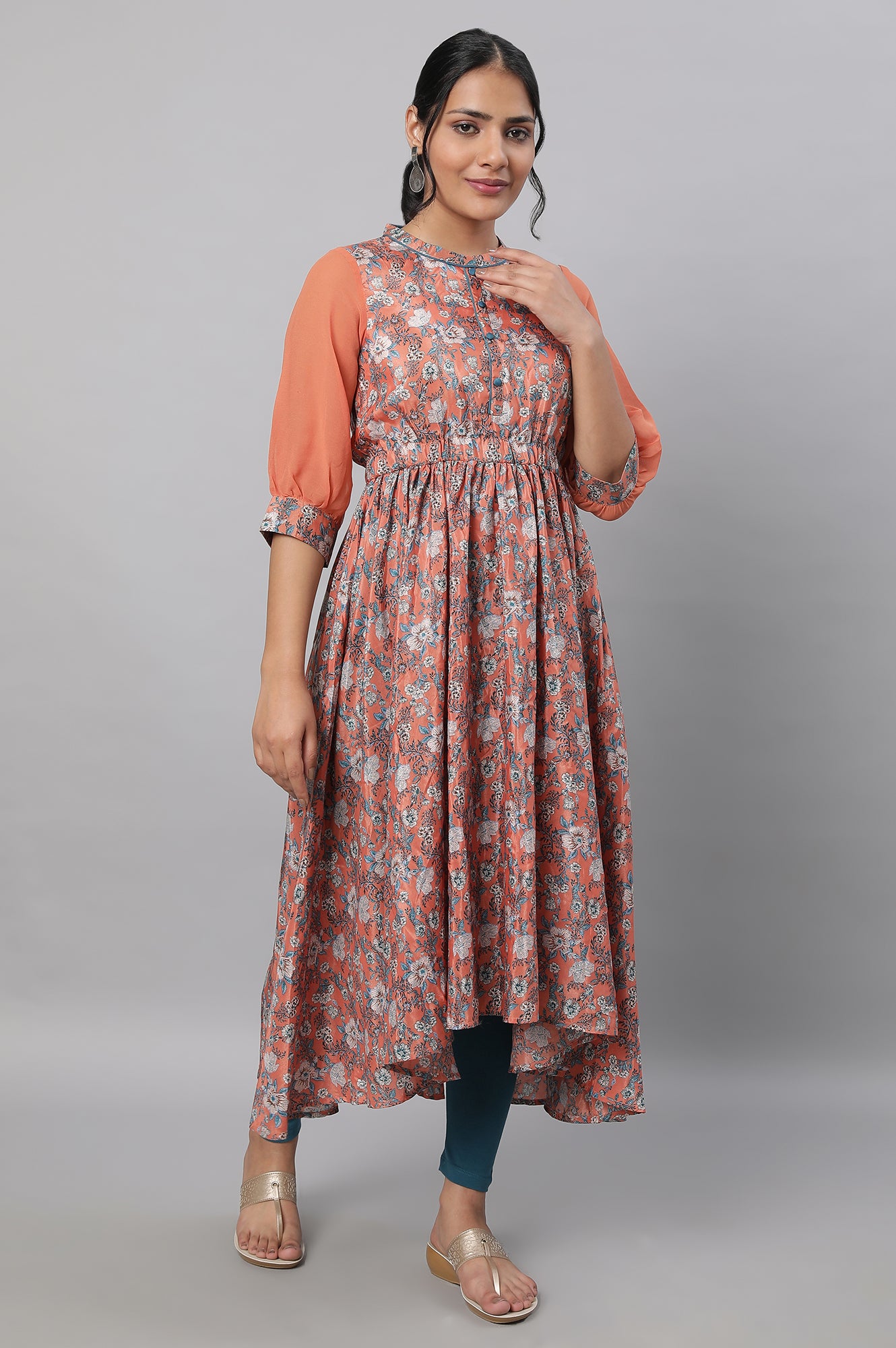 Peach Floral Printed Flared Dress &amp; Tights Set