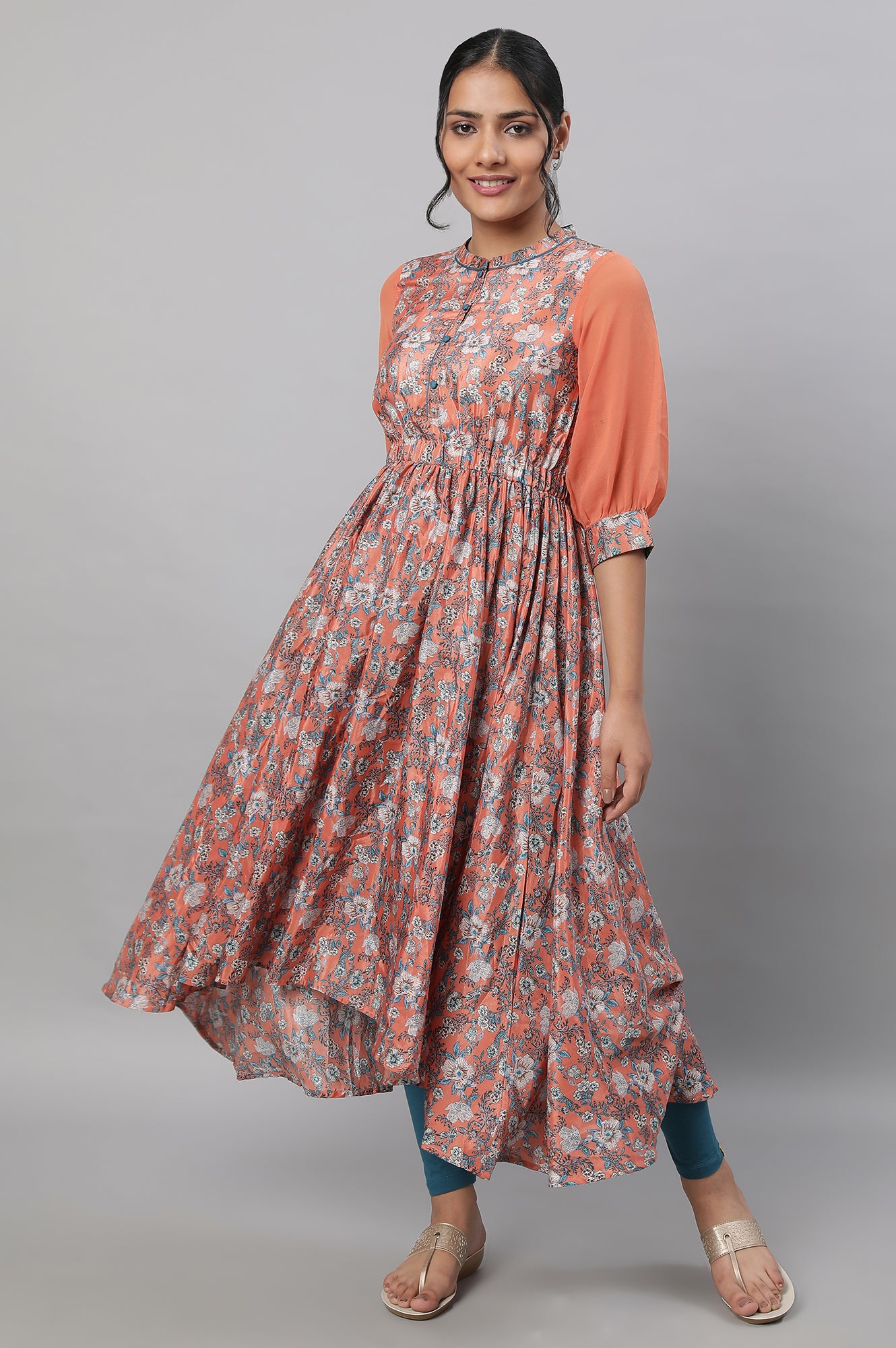 Peach Floral Printed Flared Dress &amp; Tights Set