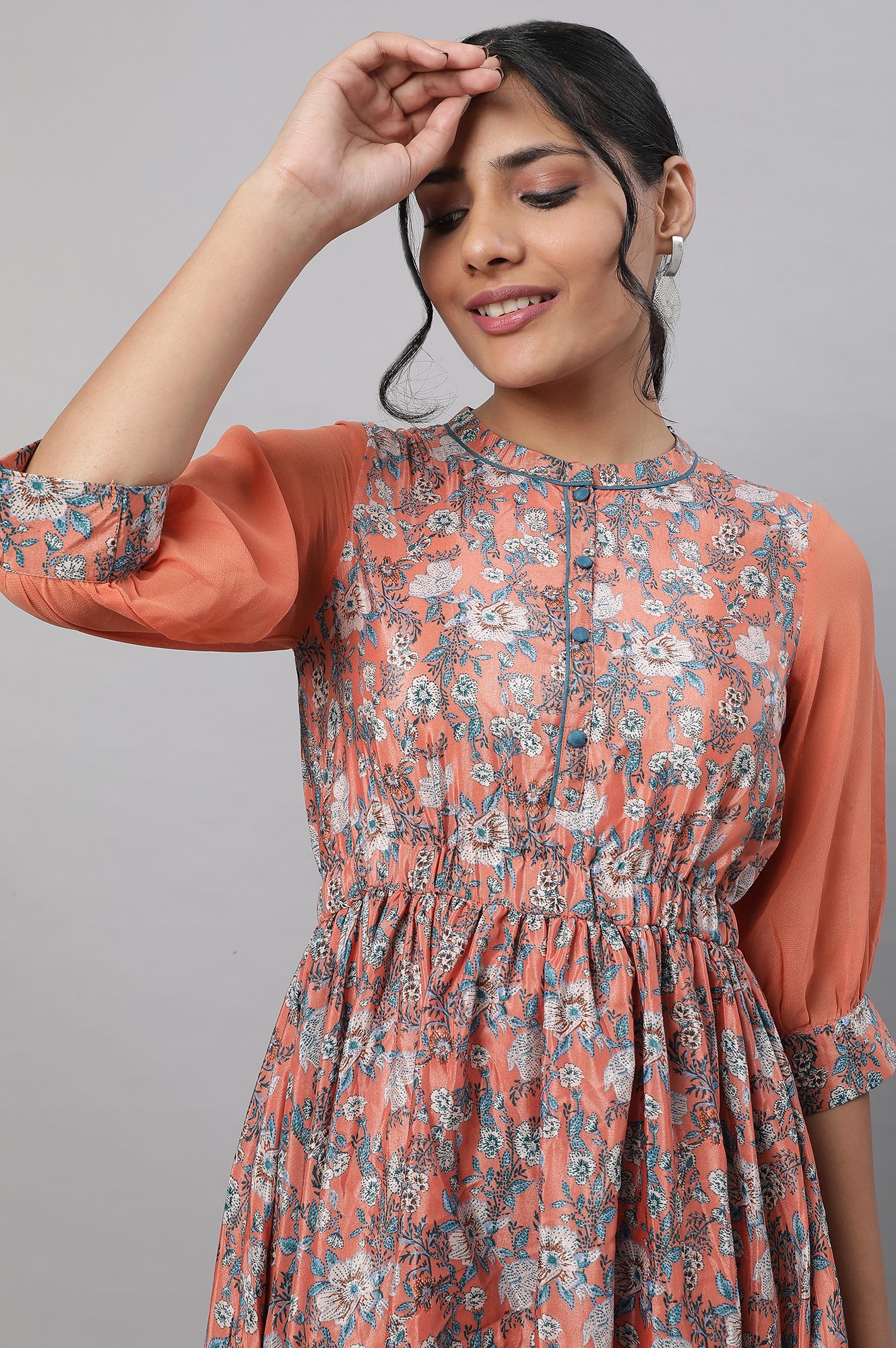 Peach Floral Printed Flared Dress &amp; Tights Set