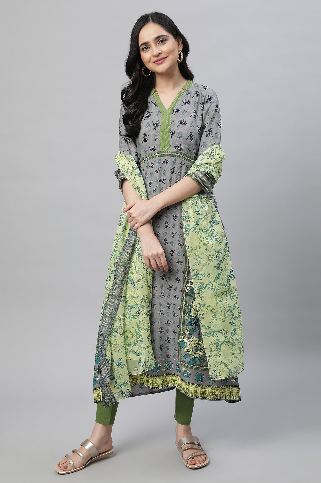 Grey Printed A-line Kurta, Tights &amp; Dupatta Set