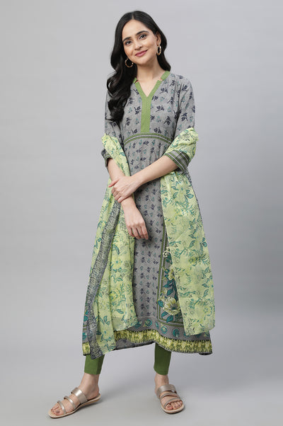 Grey Printed A-line Kurta, Tights & Dupatta Set