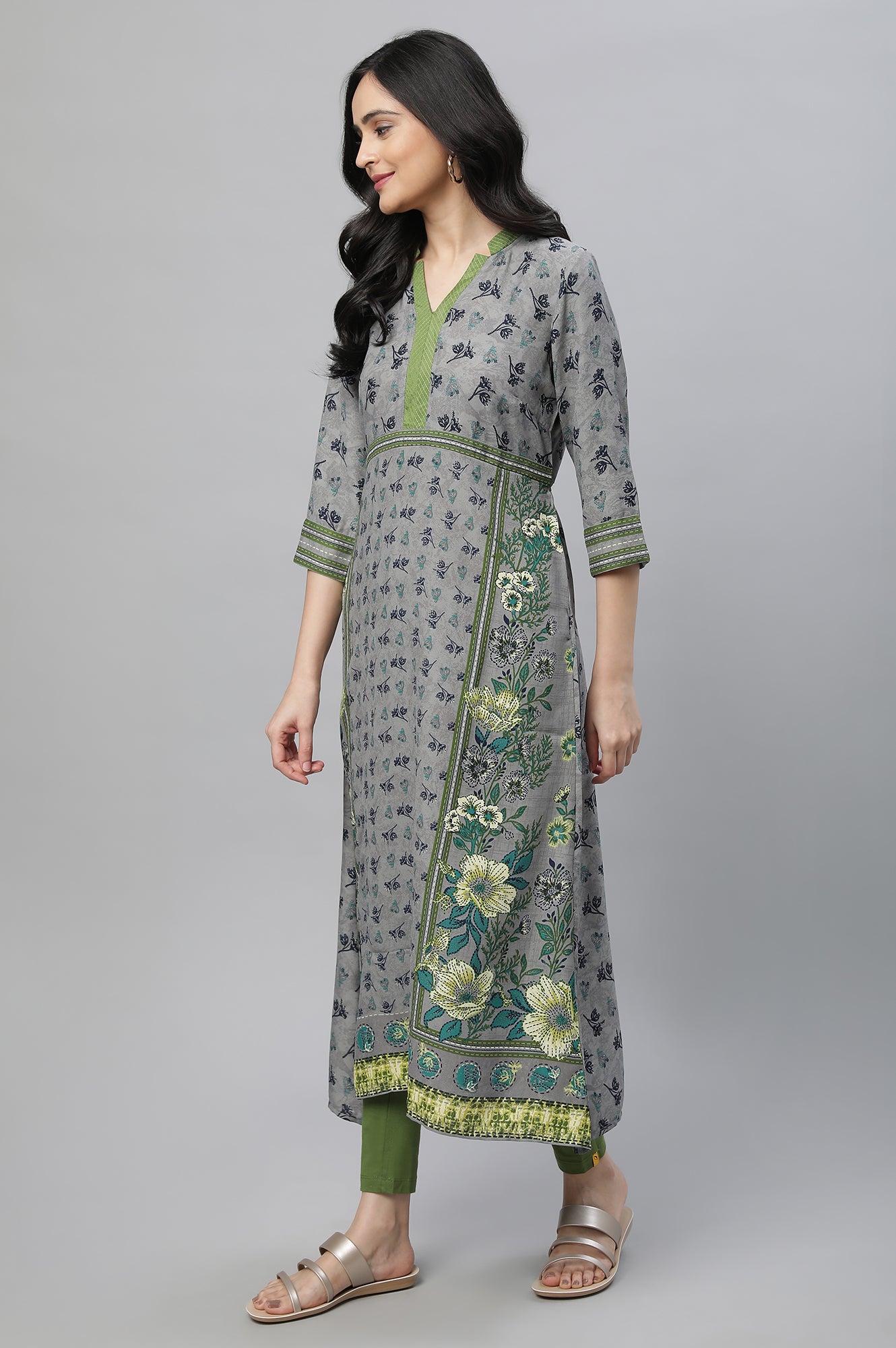 Grey Printed A-line Kurta, Tights &amp; Dupatta Set