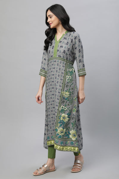 Grey Printed A-line Kurta, Tights & Dupatta Set