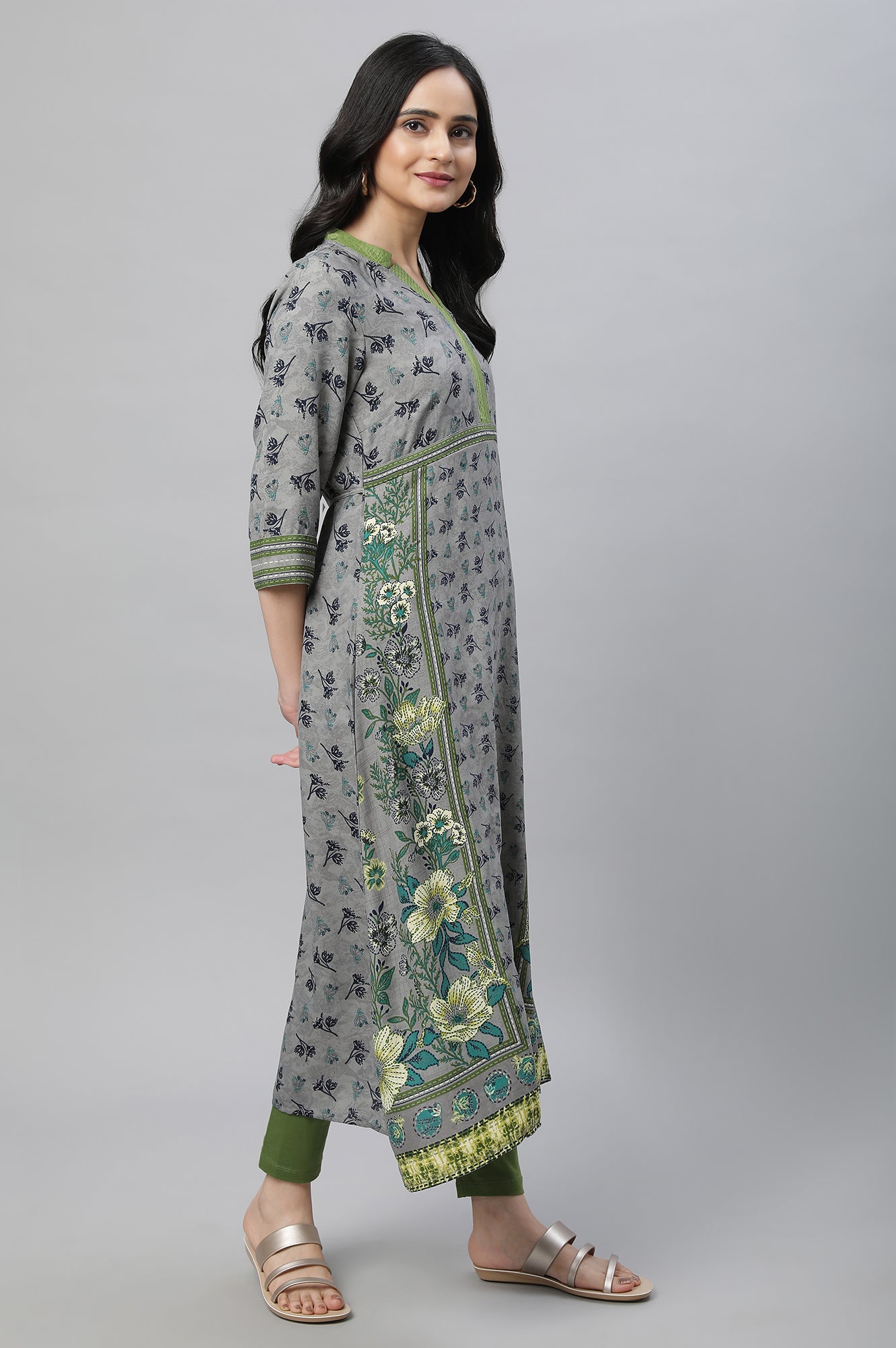 Grey Printed A-line Kurta, Tights &amp; Dupatta Set