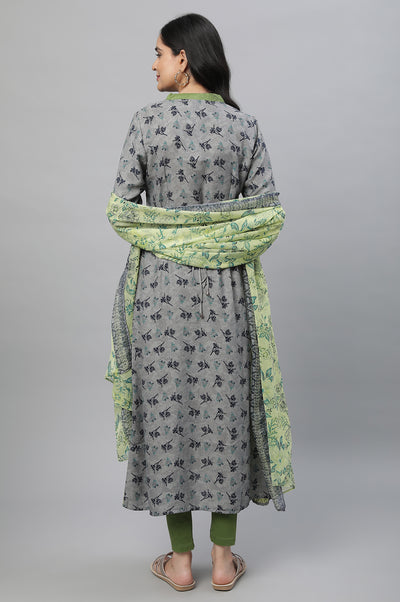 Grey Printed A-line Kurta, Tights & Dupatta Set