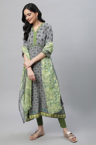 Grey Printed A-line Kurta, Tights & Dupatta Set