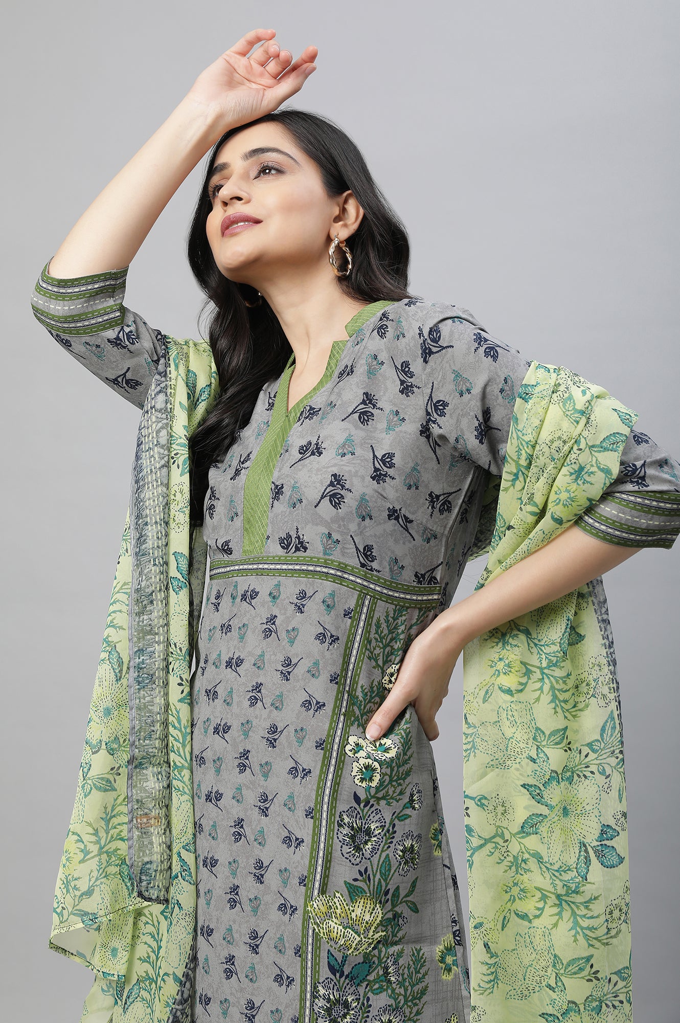 Grey Printed A-line Kurta, Tights &amp; Dupatta Set