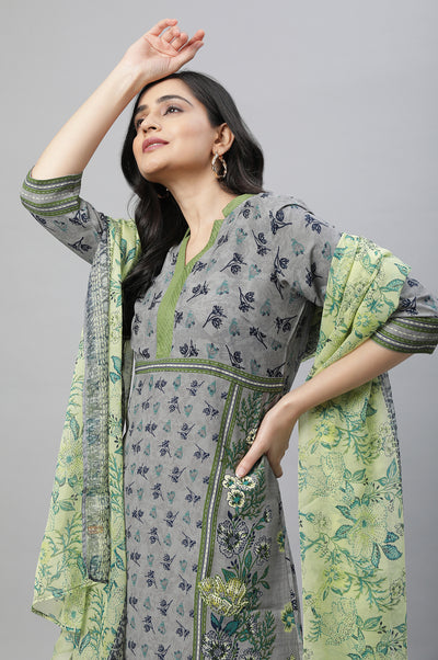 Grey Printed A-line Kurta, Tights & Dupatta Set