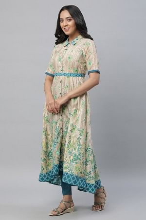 Cream Printed Asymmetrical Dress & Tighs Set