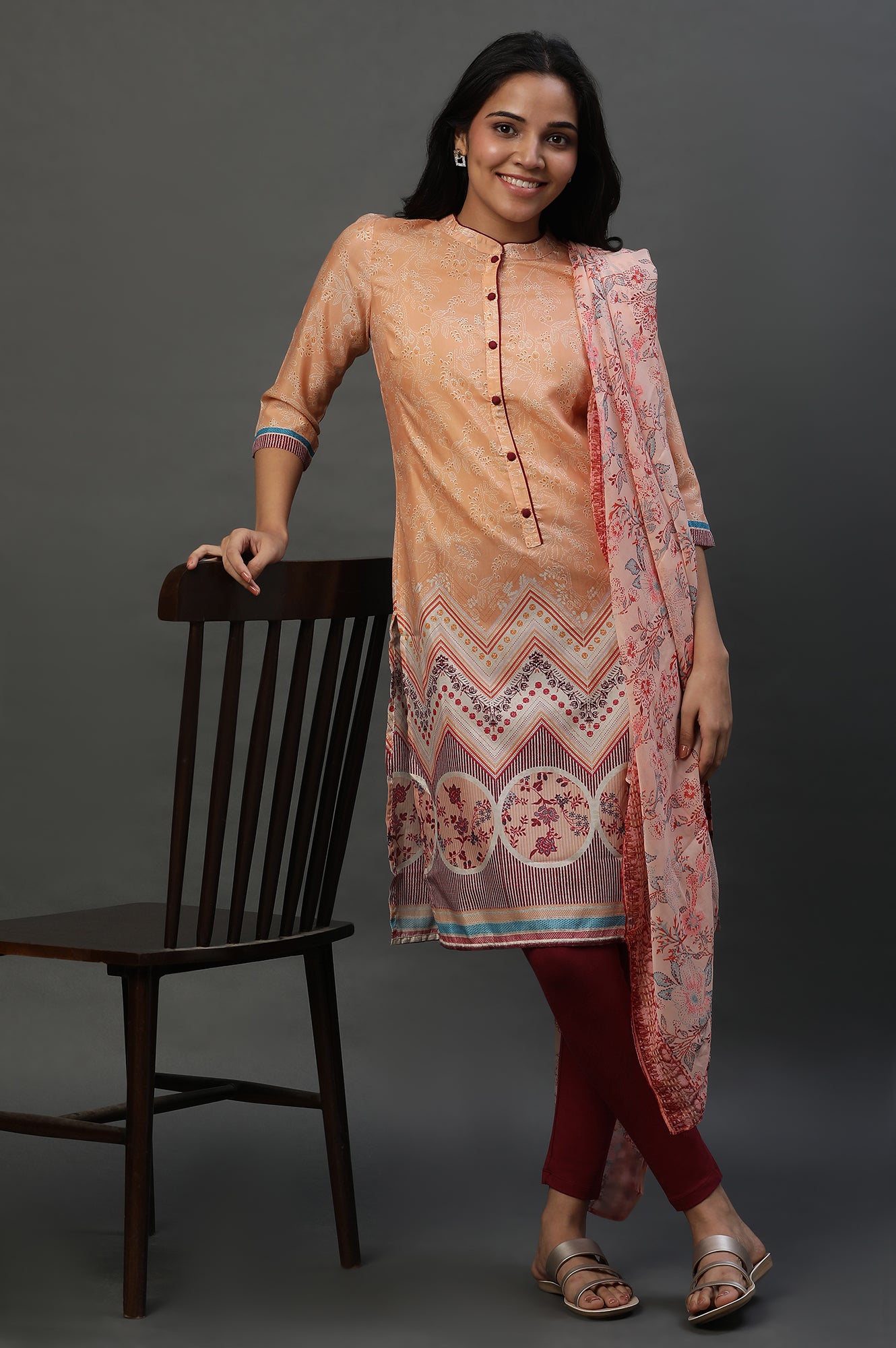 Peach Printed Ethnic Kurta, Tights and Dupatta Set