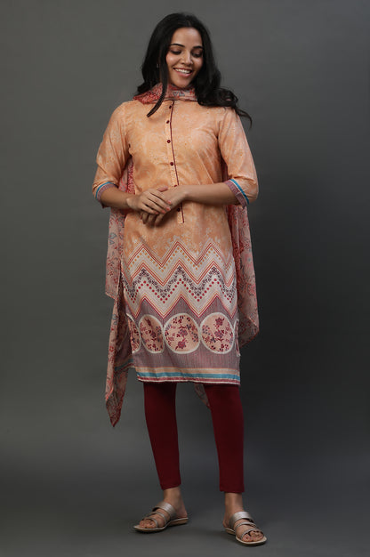 Peach Printed Ethnic Kurta, Tights and Dupatta Set