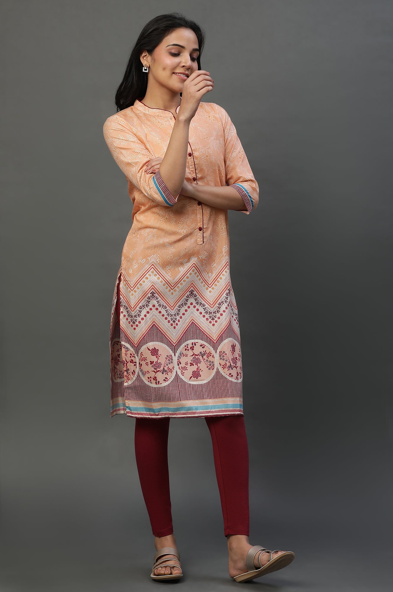 Peach Printed Ethnic Kurta, Tights and Dupatta Set