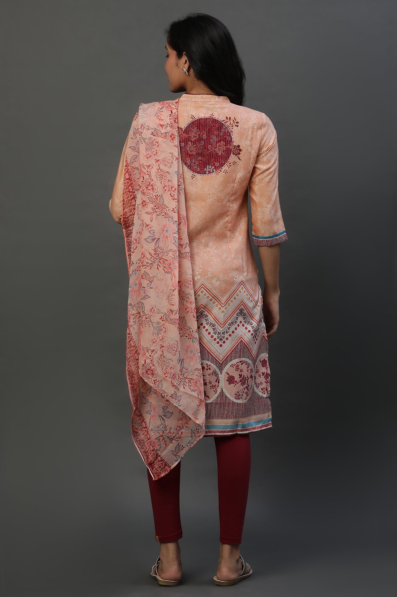 Peach Printed Ethnic Kurta, Tights and Dupatta Set