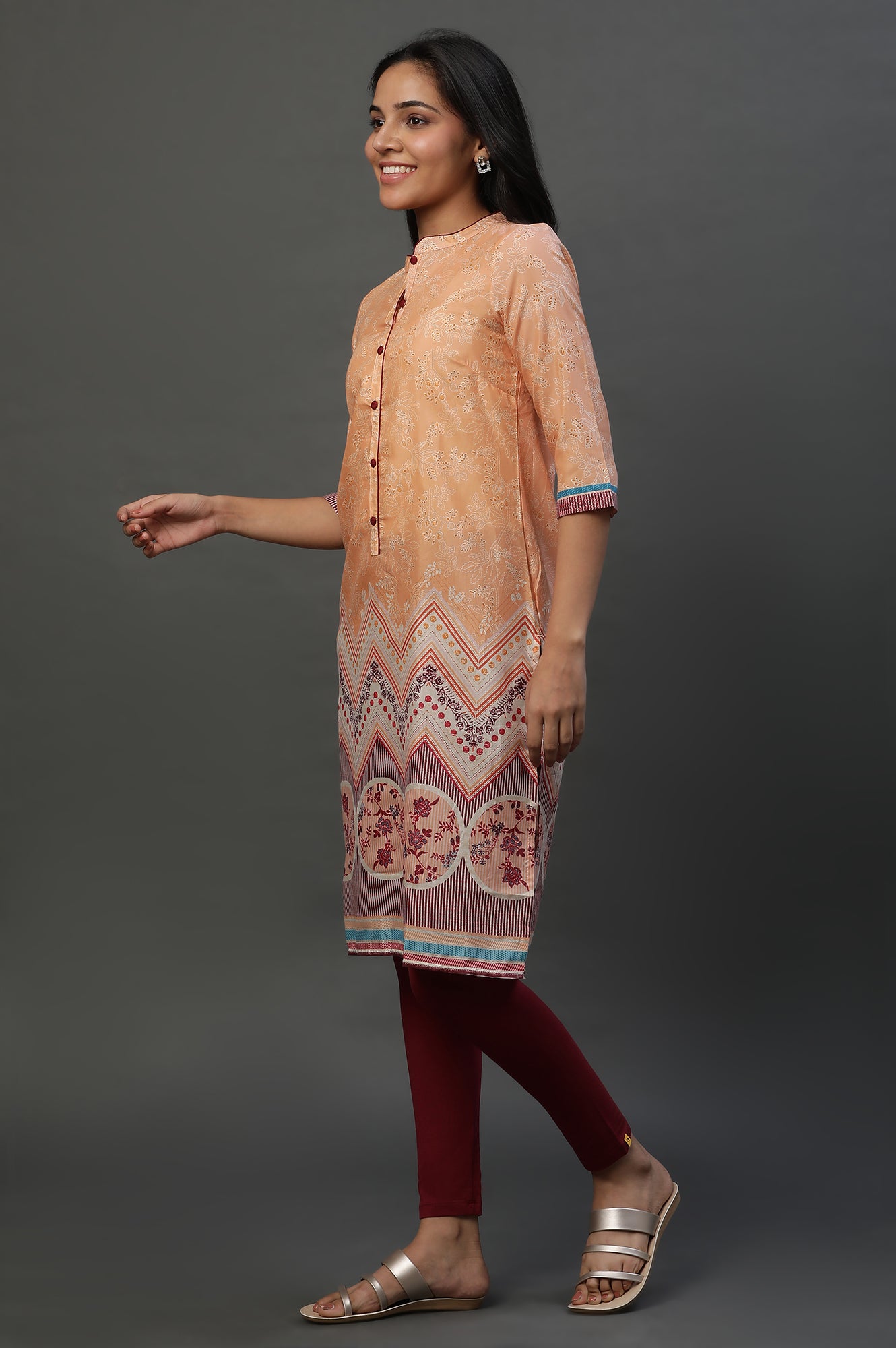 Peach Printed Ethnic Kurta, Tights and Dupatta Set