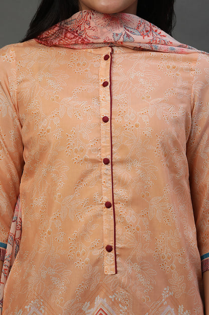 Peach Printed Ethnic Kurta, Tights and Dupatta Set