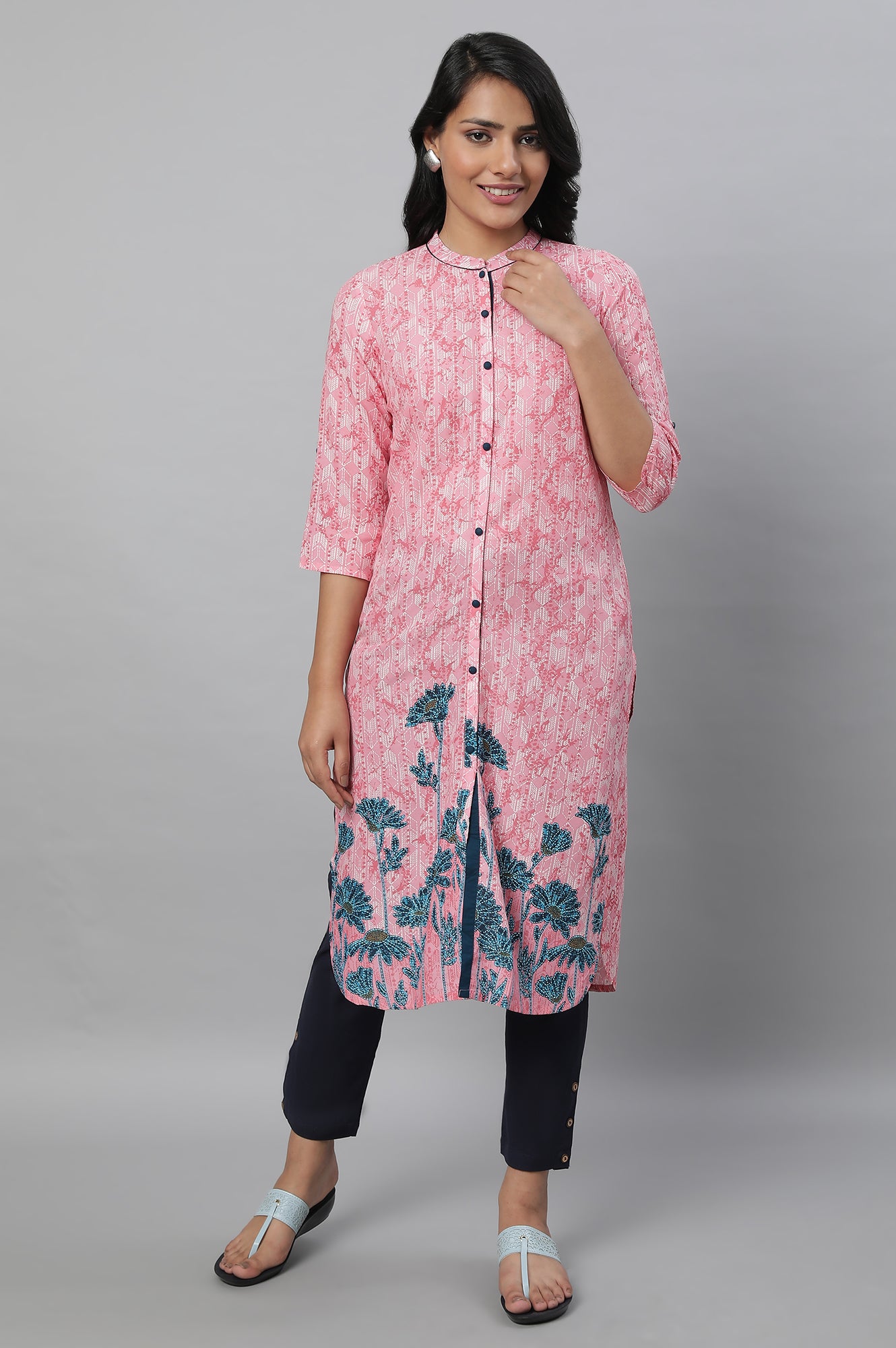 Pink Floral Print kurta &amp; Trousers Set