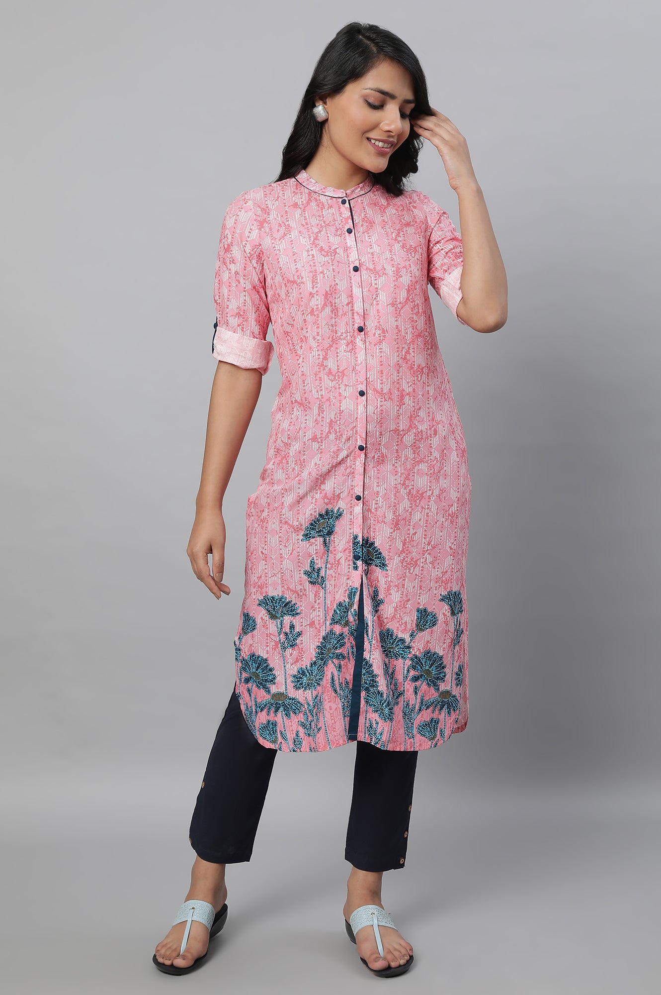 Pink Floral Print kurta &amp; Trousers Set