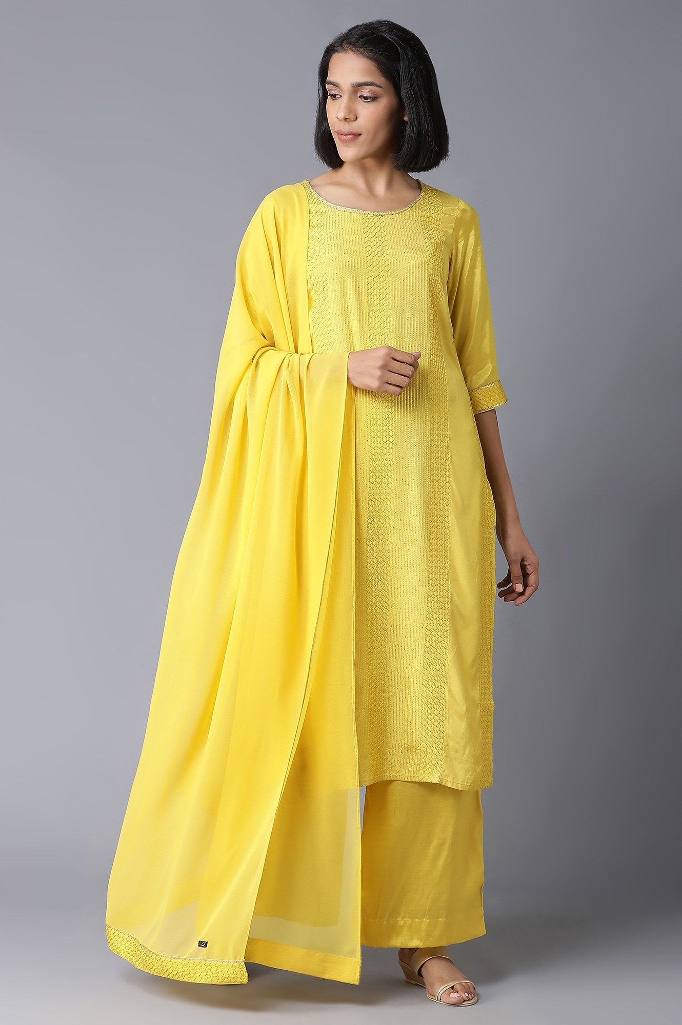 Yellow Schiffli Ethnic kurta Set