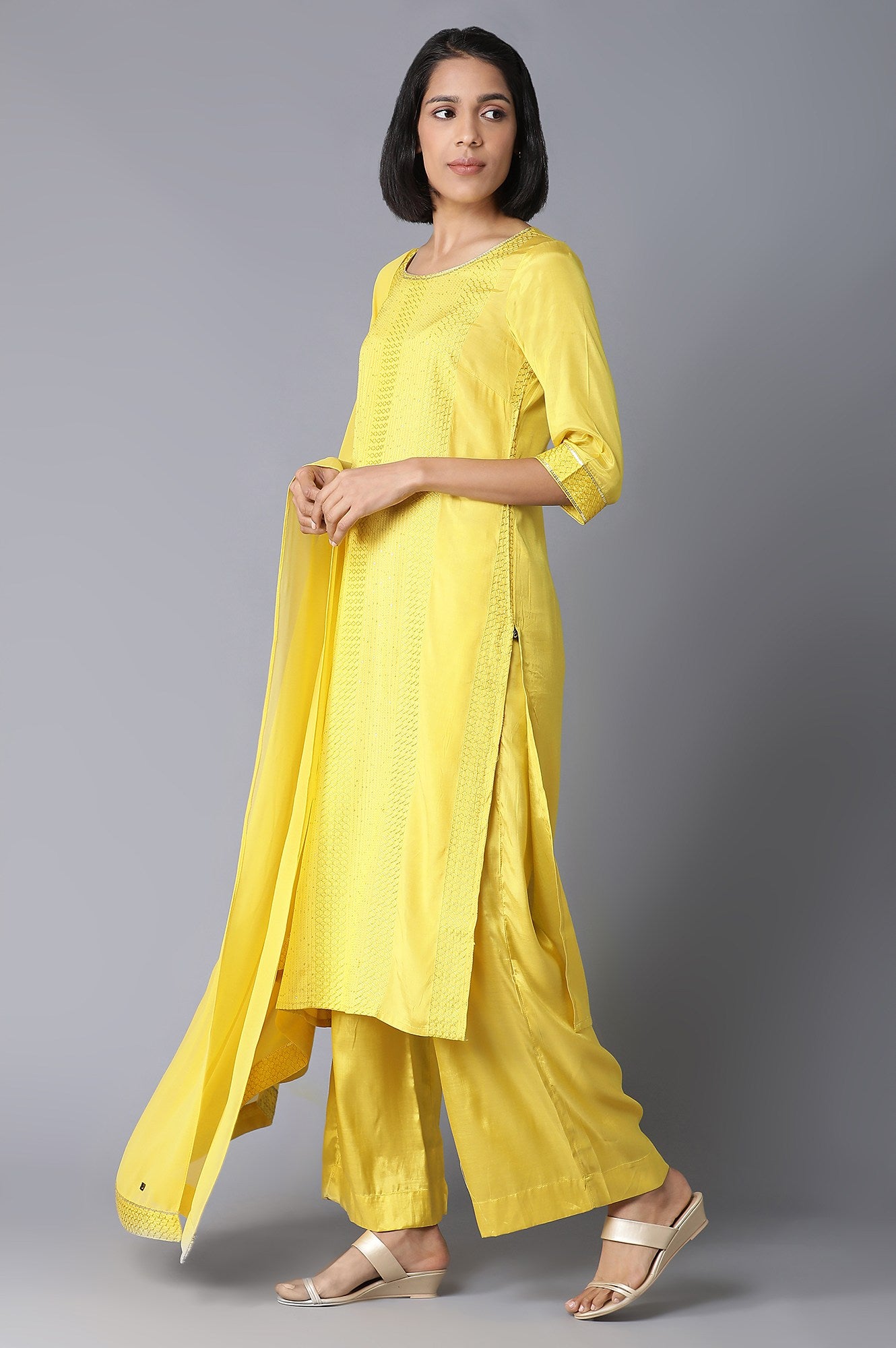 Yellow Schiffli Ethnic kurta Set