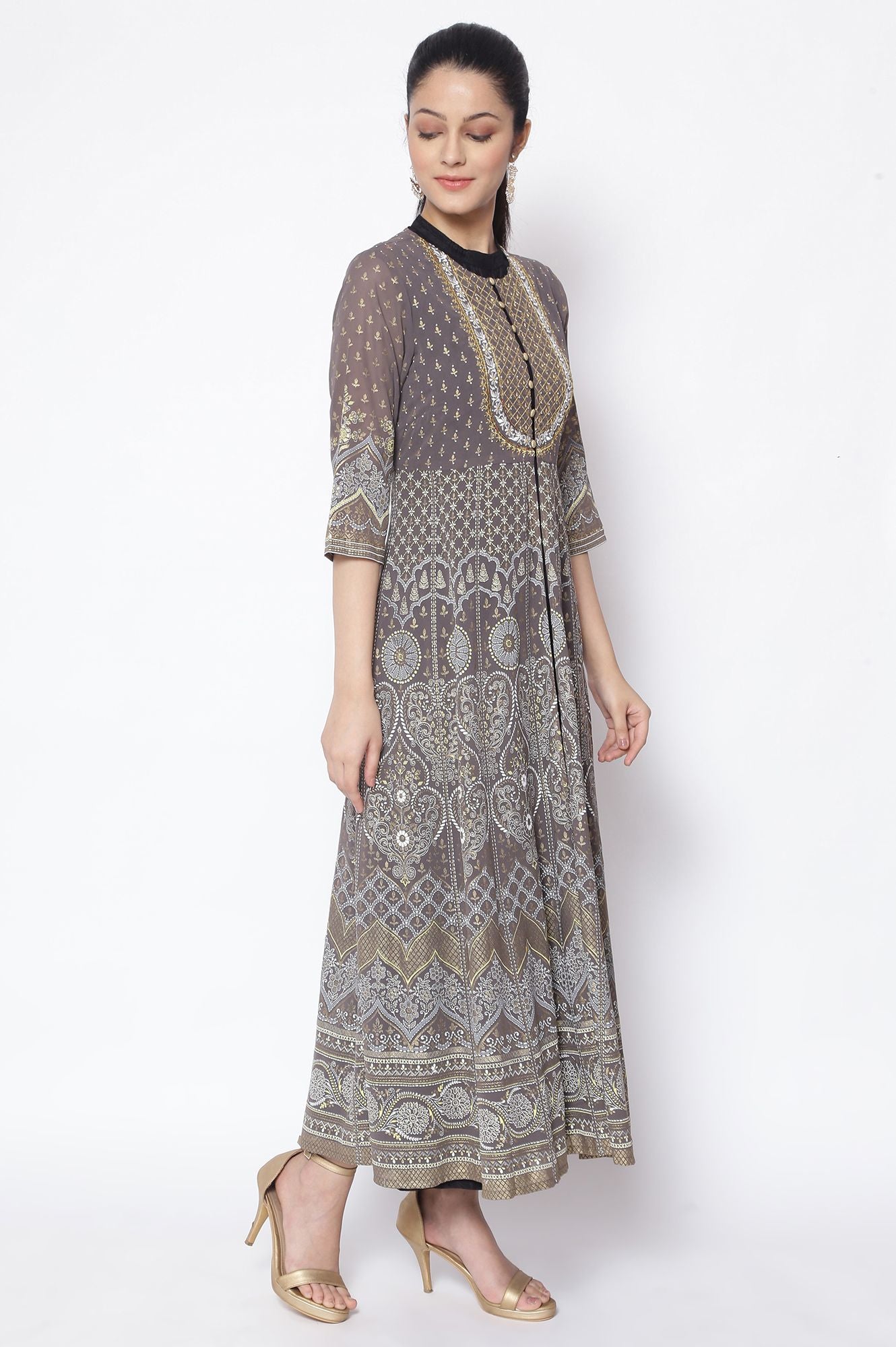 Grey Printed Ethnic Dress with Inner