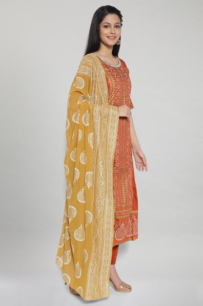 Brown Printed kurta-Pants Dupatta Set