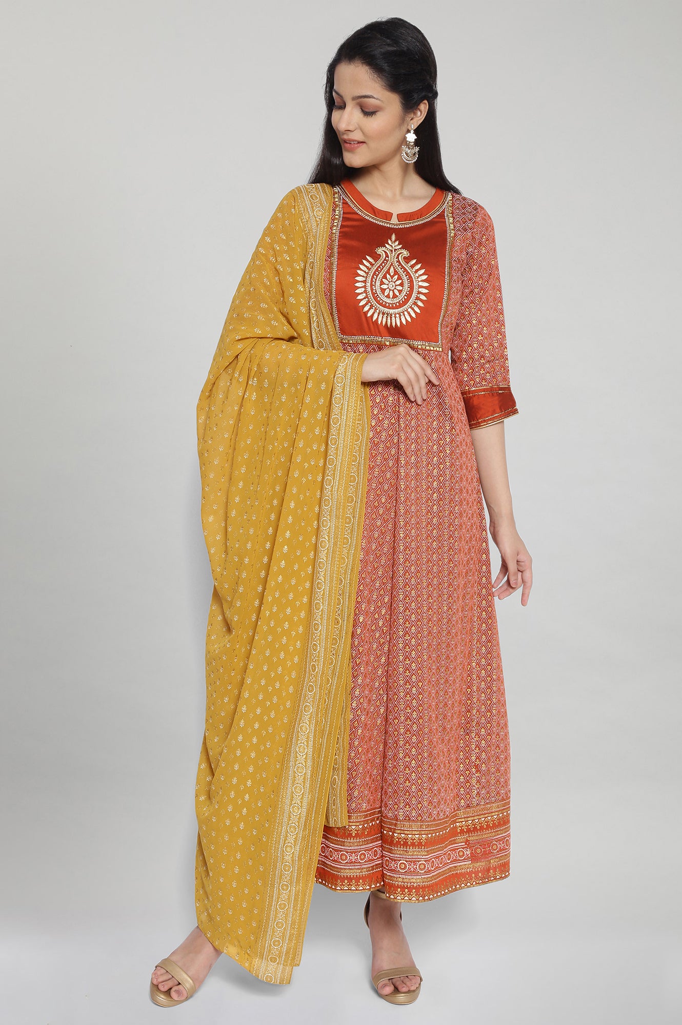 Brown Printed Ethnic Dress-Dupatta Set