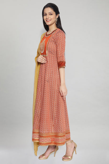 Brown Printed Ethnic Dress-Dupatta Set