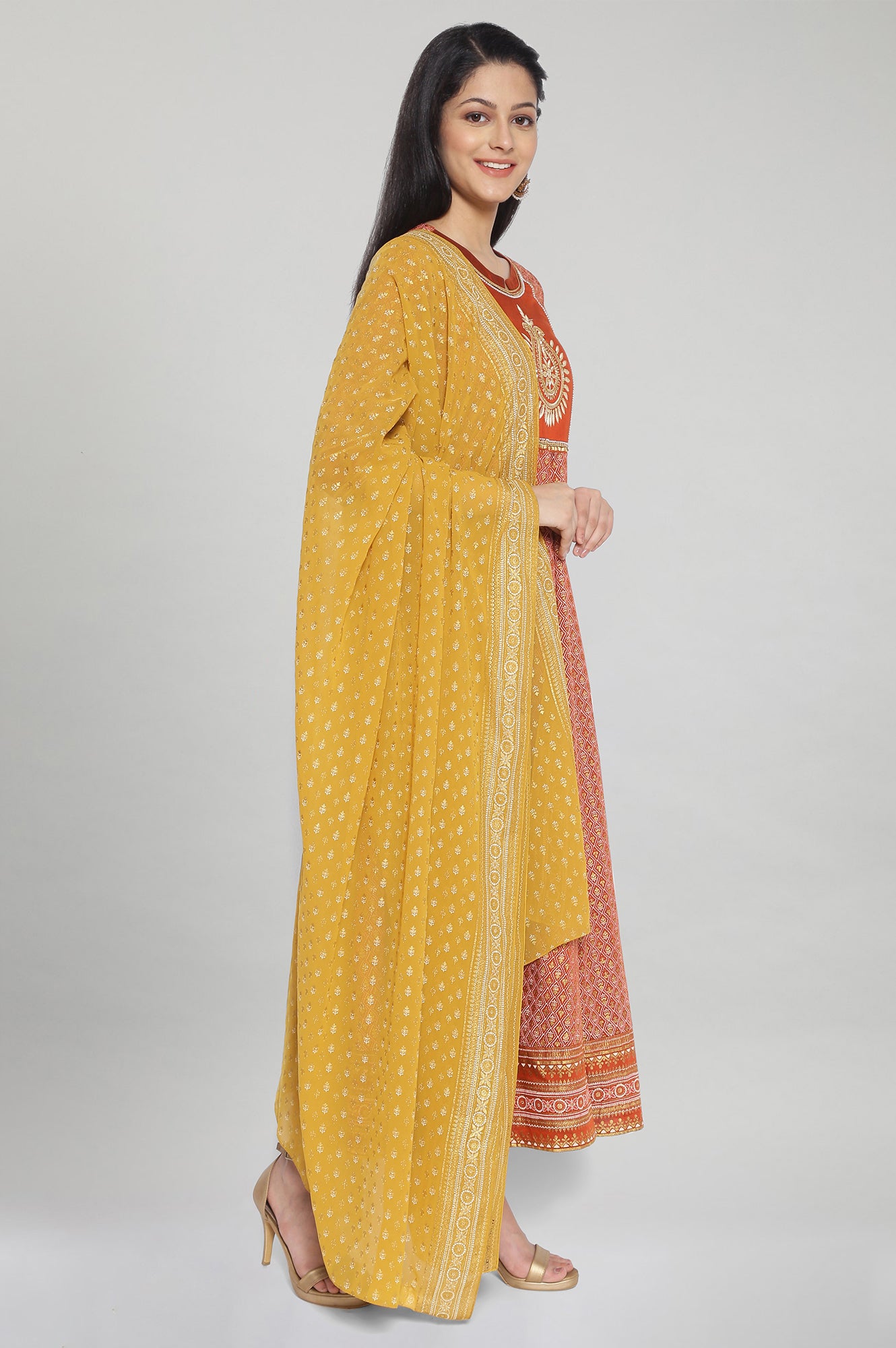 Brown Printed Ethnic Dress-Dupatta Set