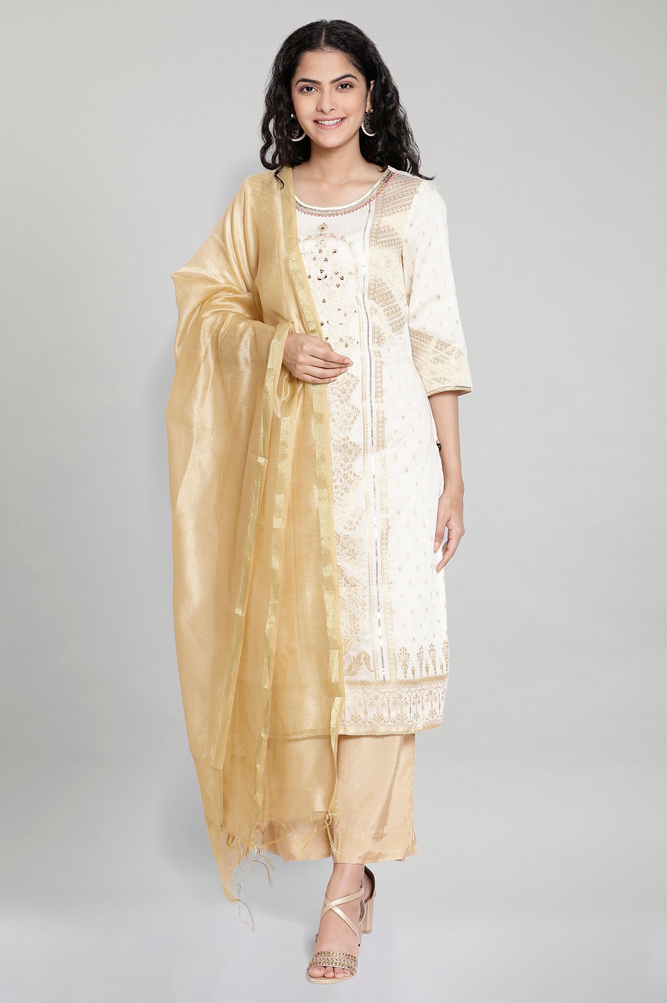 White Printed kurta-Palazzo Dupatta Set