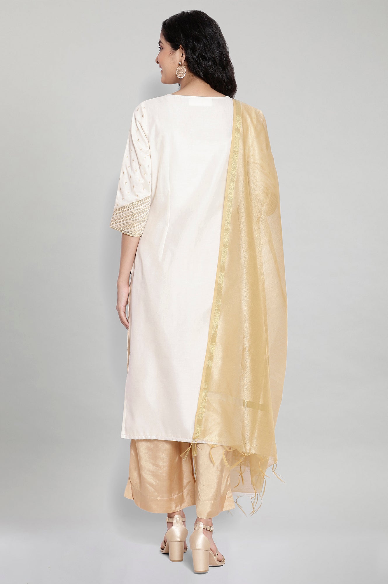 White Printed kurta-Palazzo Dupatta Set