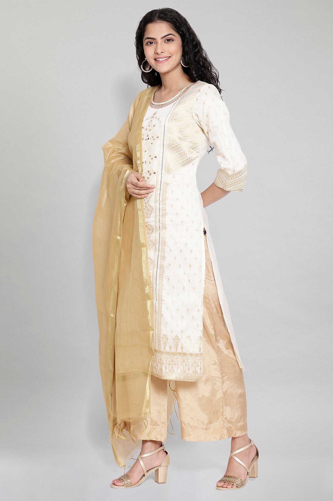 White Printed kurta-Palazzo Dupatta Set