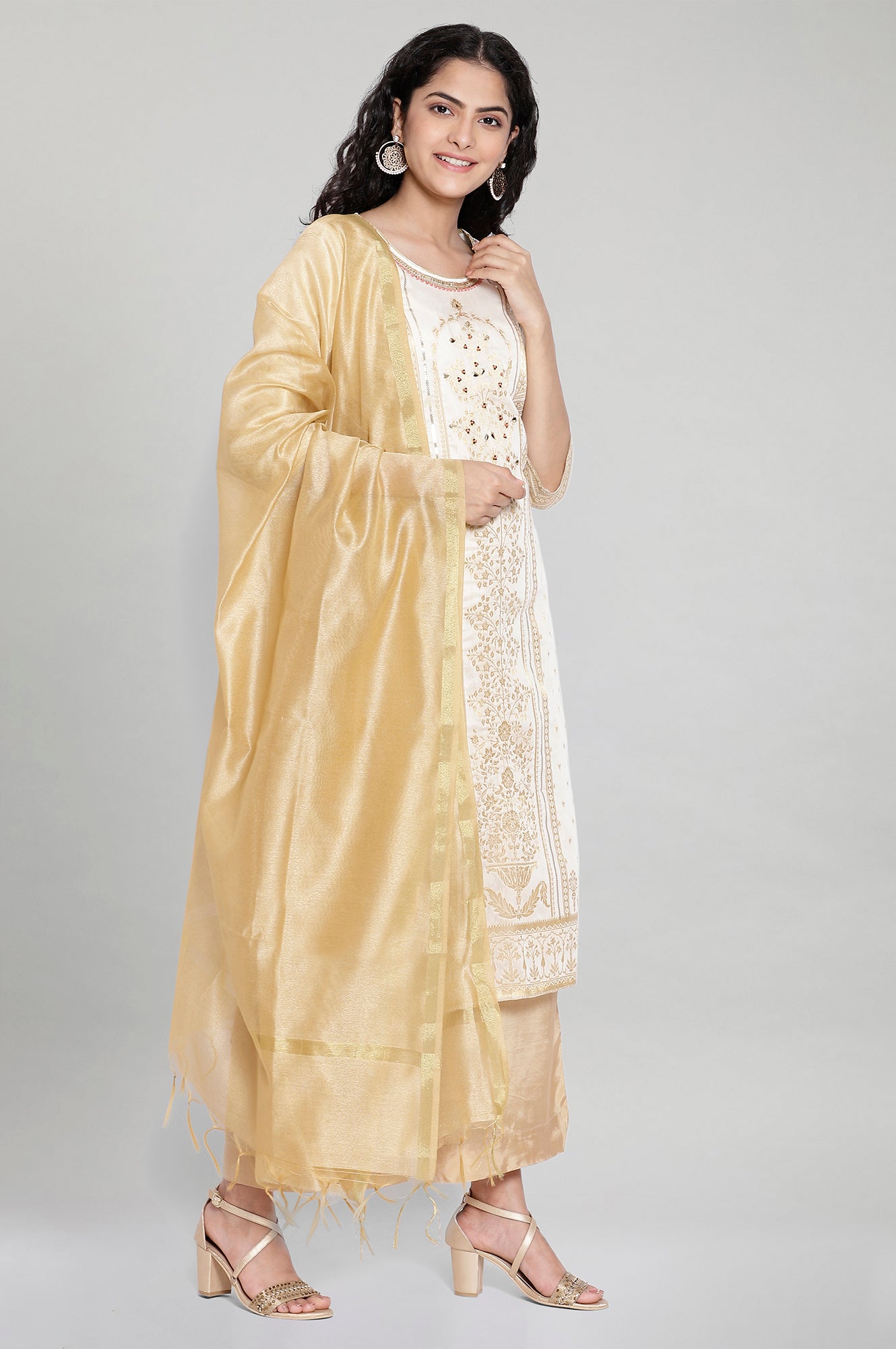 White Printed kurta-Palazzo Dupatta Set