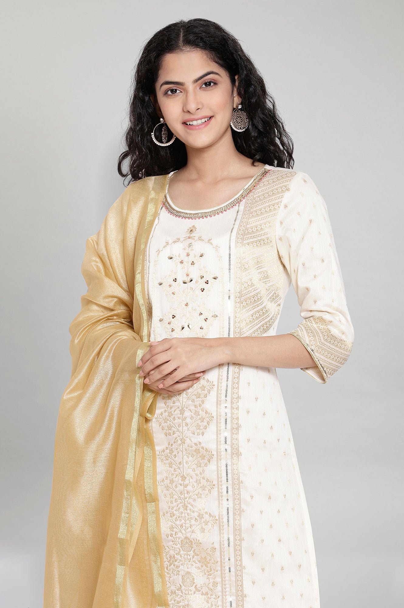 White Printed kurta-Palazzo Dupatta Set