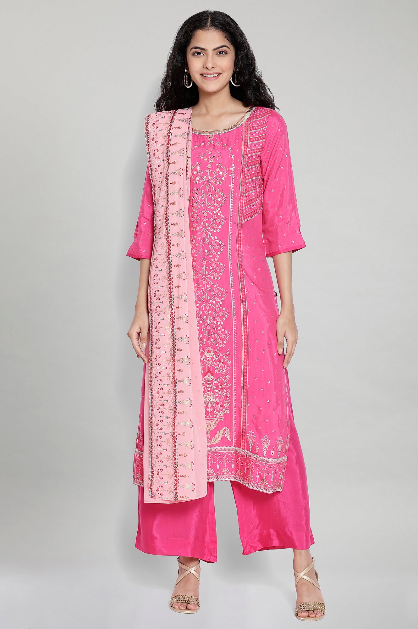 Pink Printed kurta-Palazzo Dupatta Set