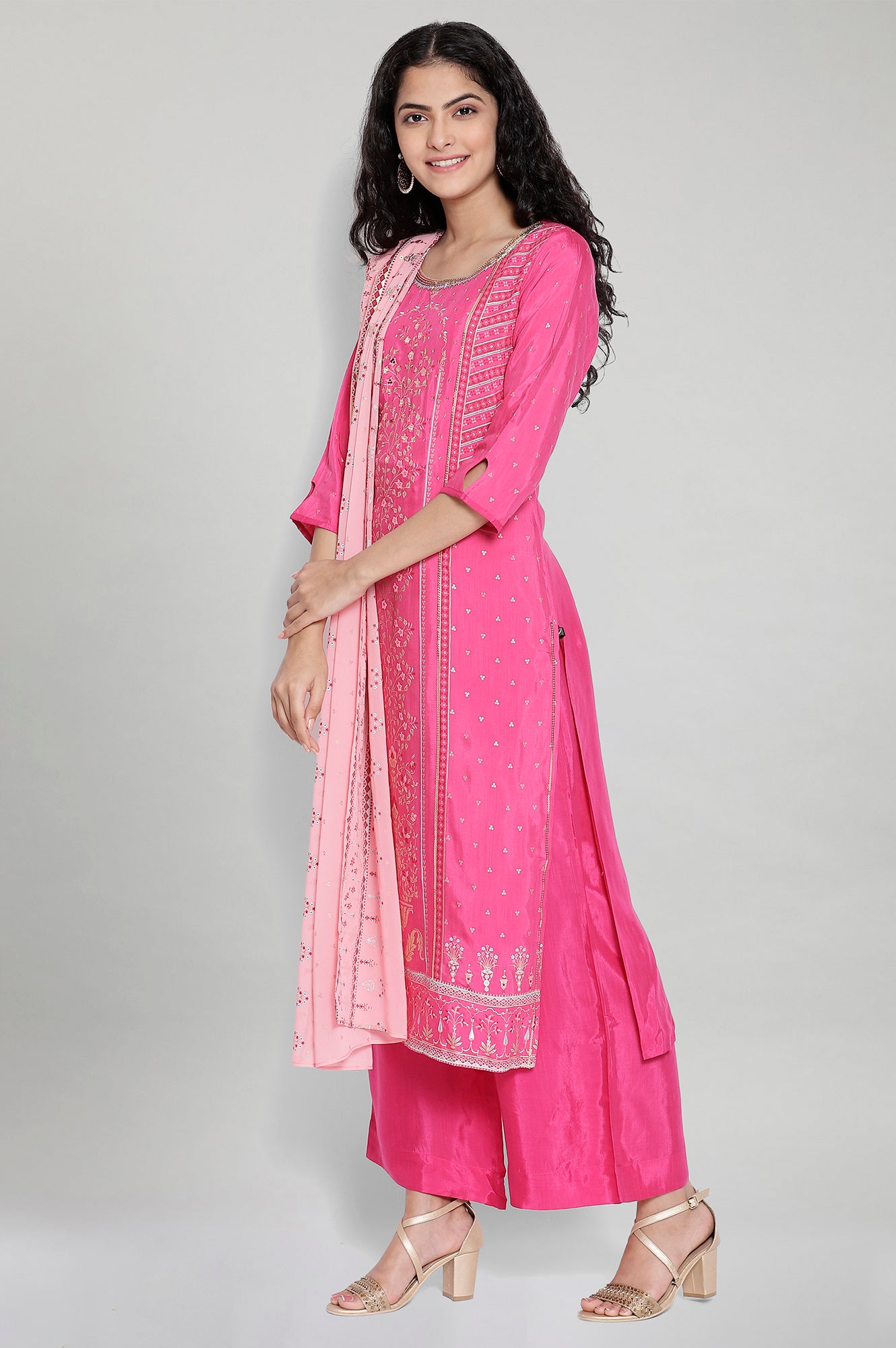 Pink Printed kurta-Palazzo Dupatta Set