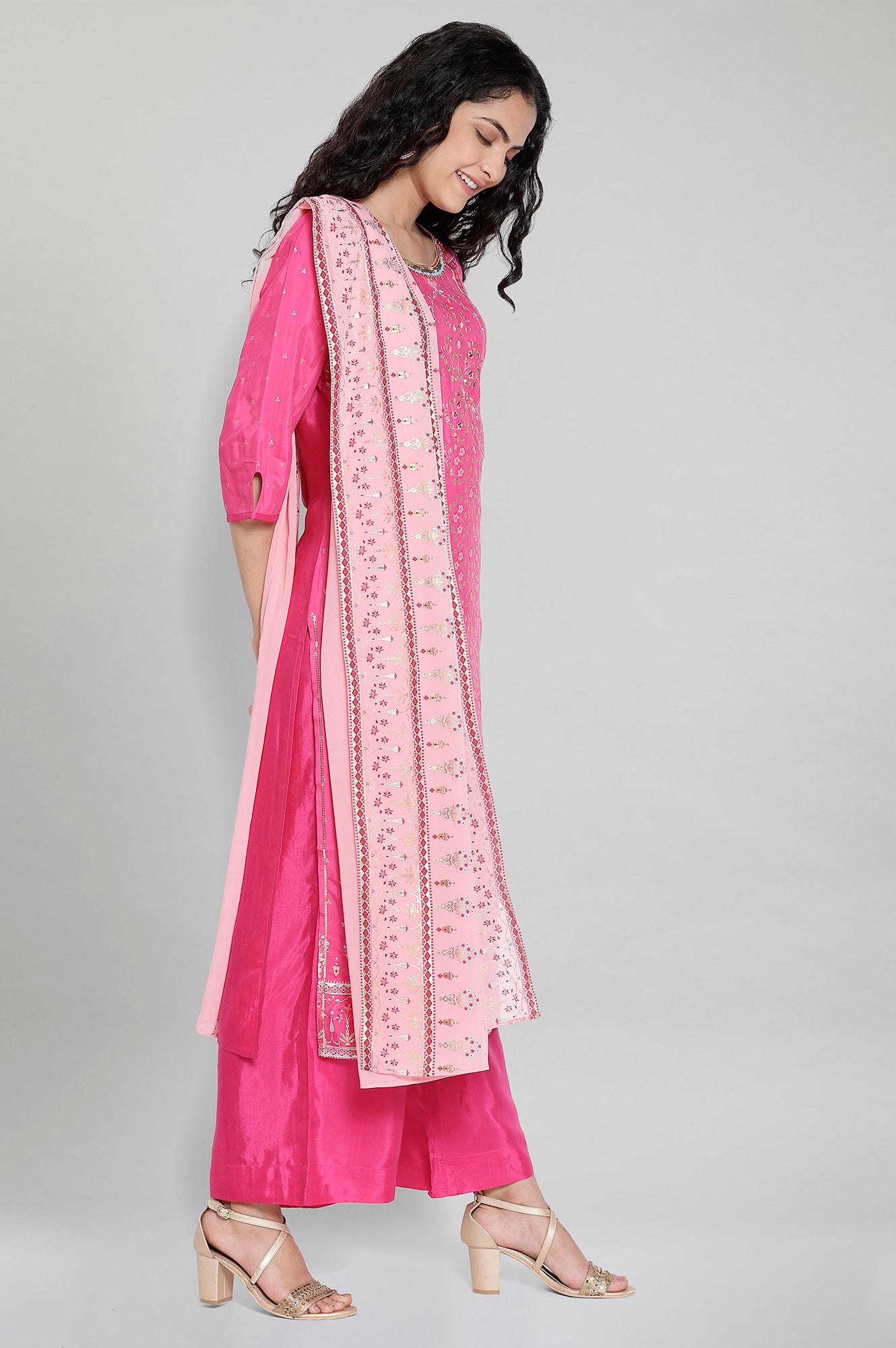 Pink Printed kurta-Palazzo Dupatta Set