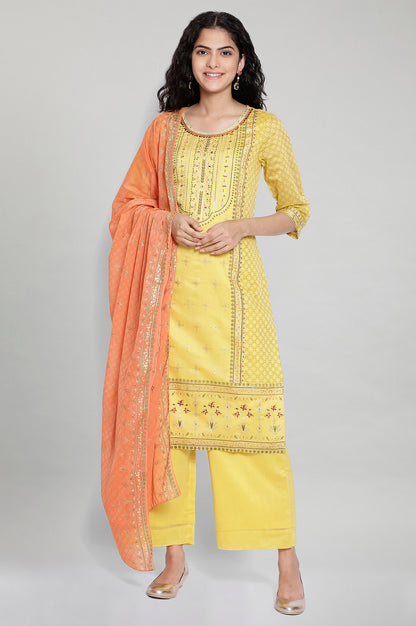 Yellow Printed kurta-Palazzo Dupatta Set