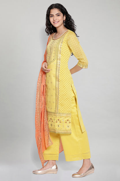 Yellow Printed kurta-Palazzo Dupatta Set