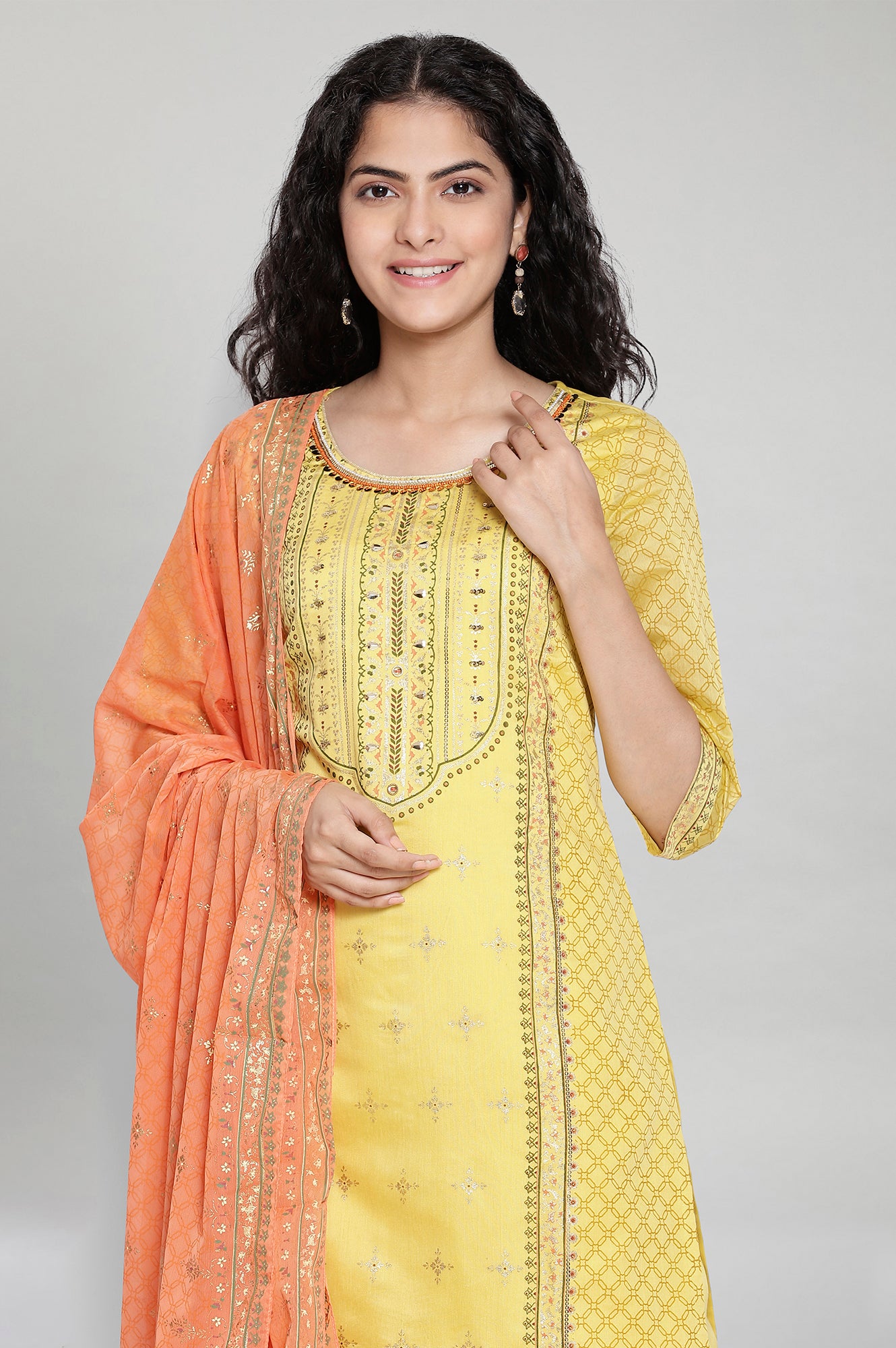 Yellow Printed kurta-Palazzo Dupatta Set