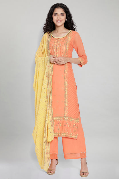 Orange Printed kurta-Palazzo Dupatta Set