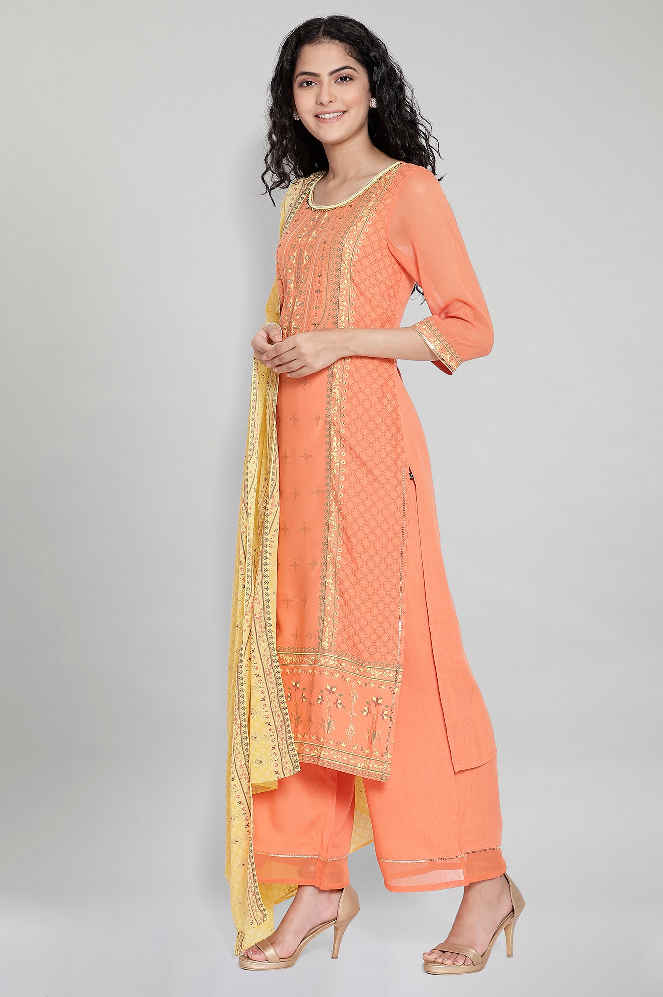 Orange Printed kurta-Palazzo Dupatta Set