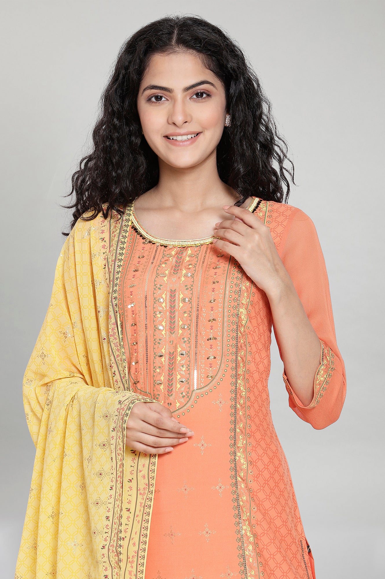 Orange Printed kurta-Palazzo Dupatta Set