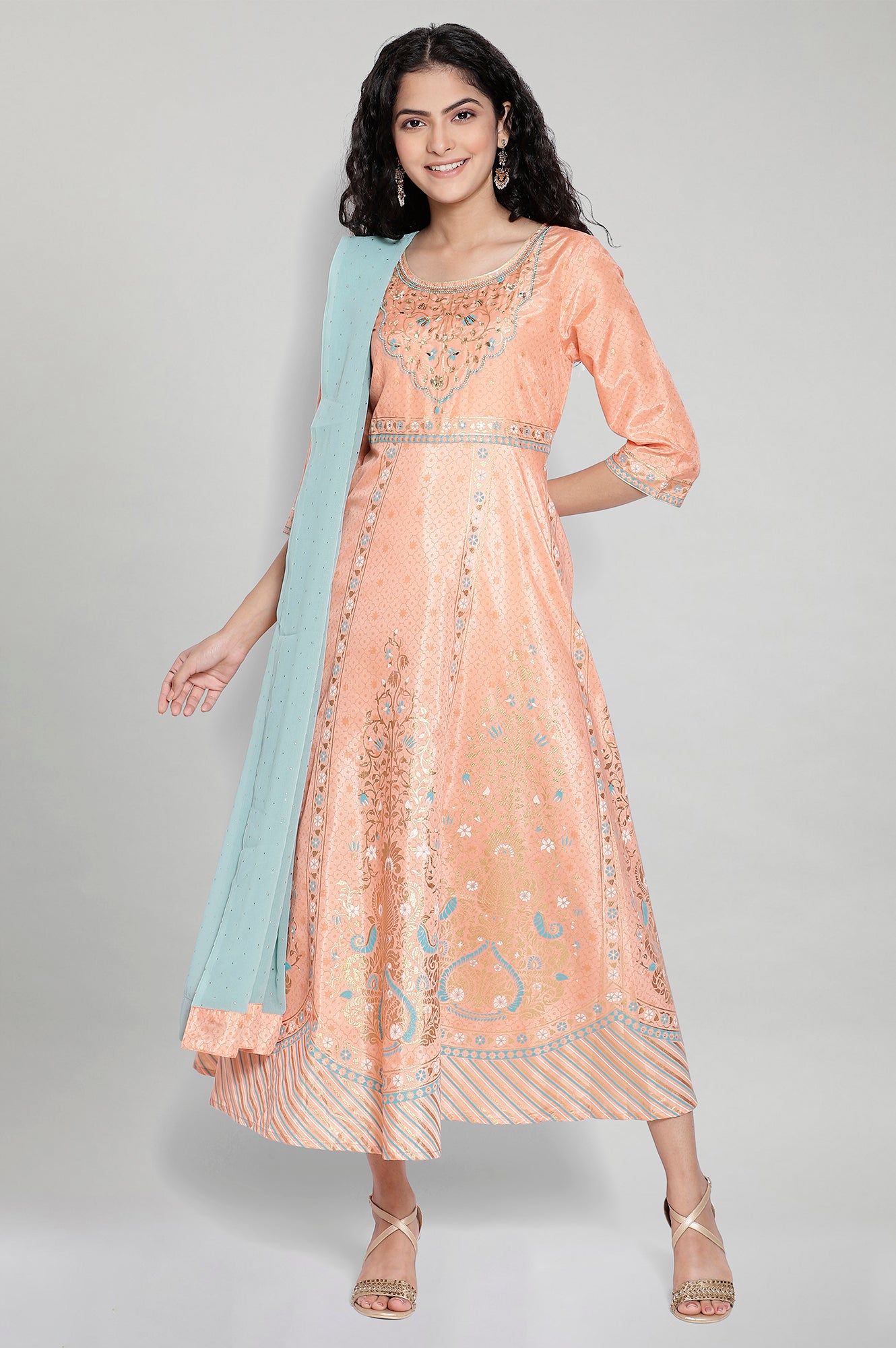 Peach Printed Ethnic Dress- Dupatta Set