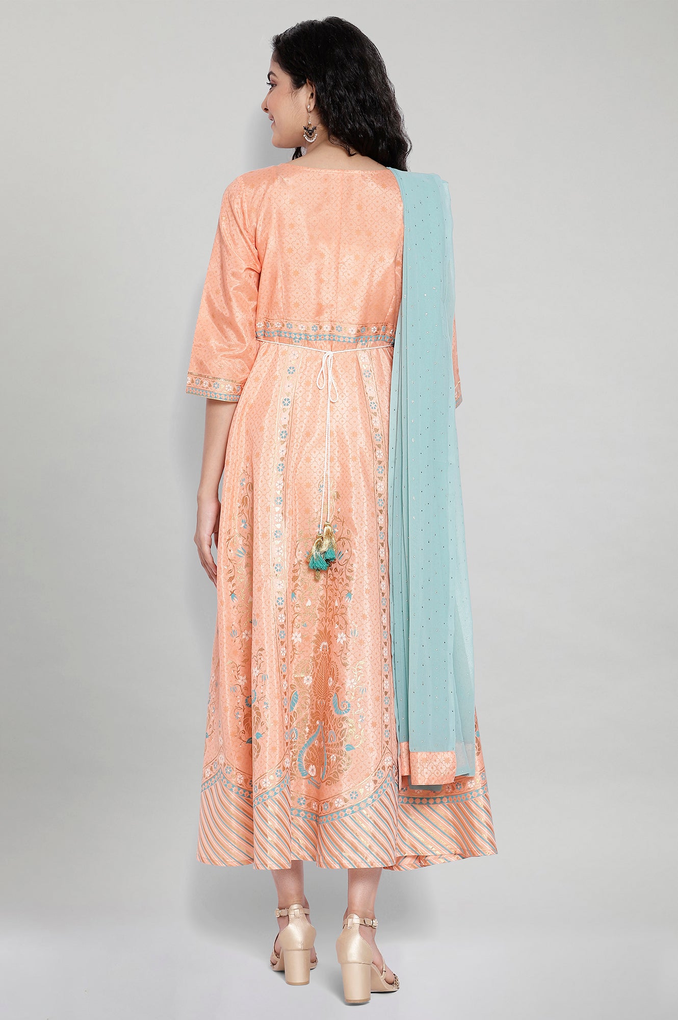 Peach Printed Ethnic Dress- Dupatta Set