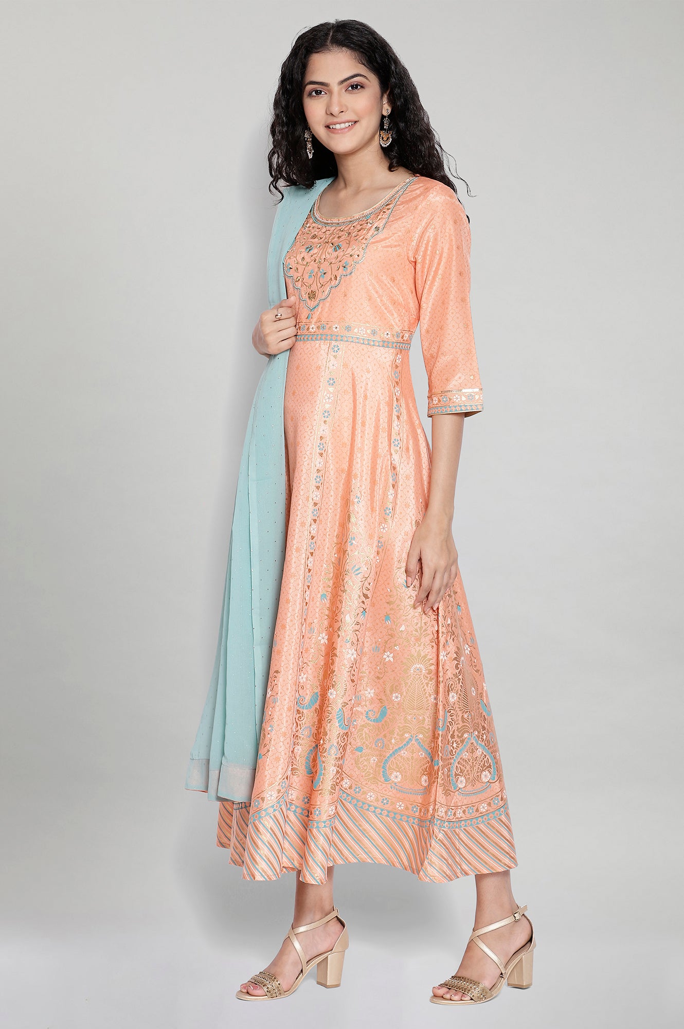 Peach Printed Ethnic Dress- Dupatta Set