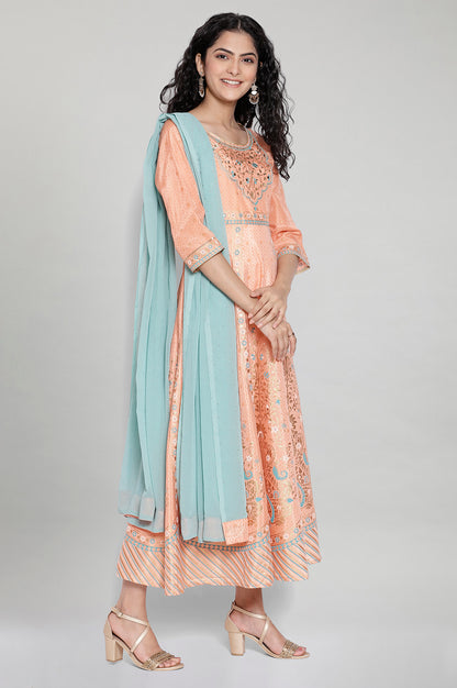 Peach Printed Ethnic Dress- Dupatta Set