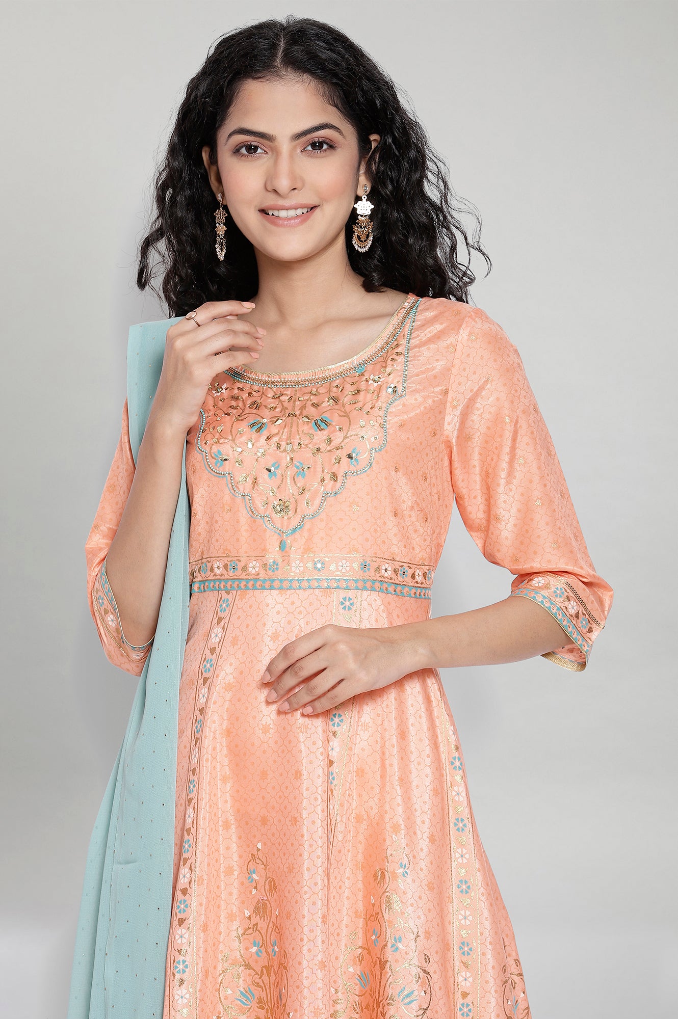 Peach Printed Ethnic Dress- Dupatta Set